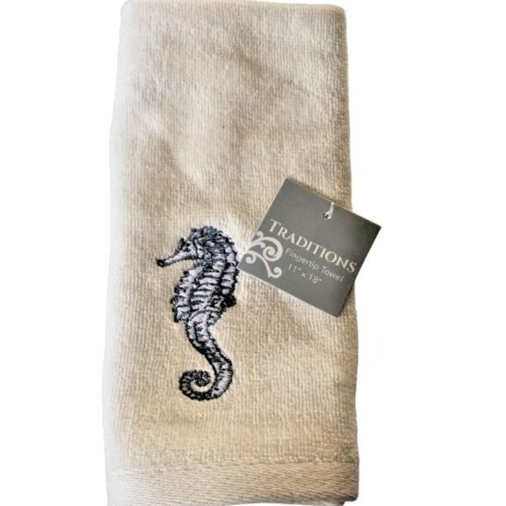 Traditions Seahorse Fingertip Towel Embroidered Ivory Summer Beach Home 11x18"